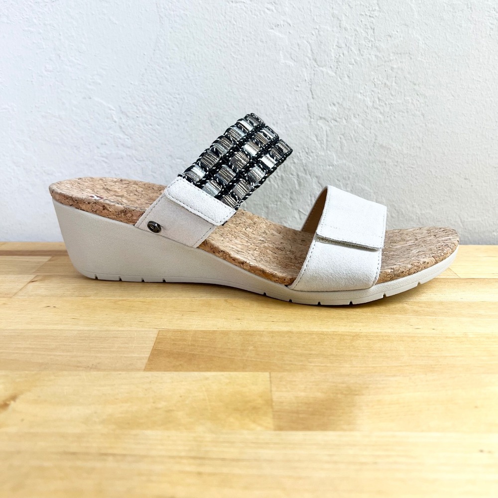 Revere Sorrento Wedge Sandals Gray Suede Embellished Cork Footbed Size 10
